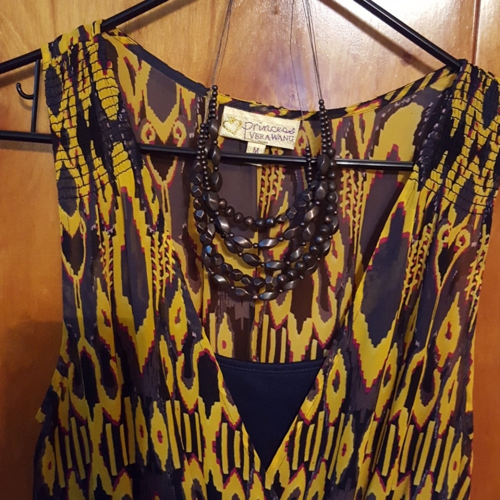 Yellow and navy sleeveless, shear dress